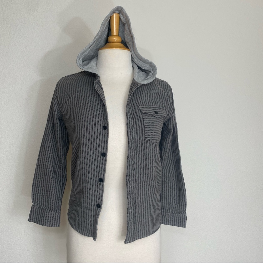 DC Kids Gray Stripe Soft Flannel Button Hooded Shirt Jacket Shacket Size Small